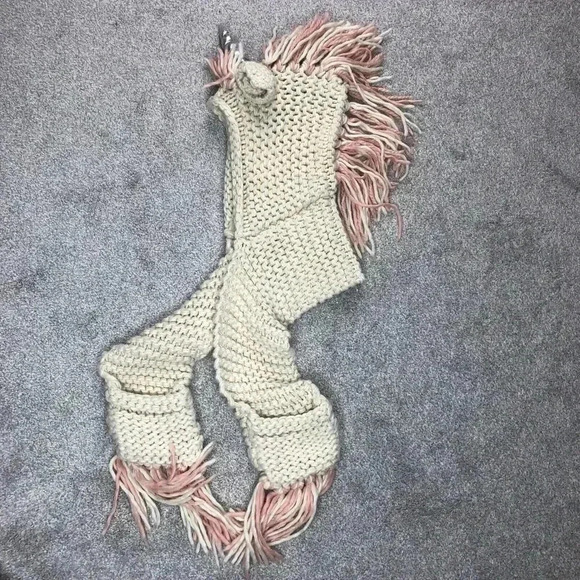 Unicorn Knit Hat Scarf Pockets Gloves Ivory Pink Silver Handmade Adult - Picture 2 of 9